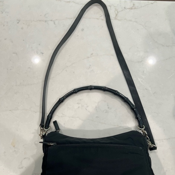 Black Gucci canvas bamboo top handle with removable leather strap. - Picture 2 of 14